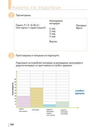 ч
е к о
р
Р А Б О Т А С О П О Д А Т О Ц И
344
Пресметување
Претставување и толкување на податоците
ч
е к о
р
Паркет: P = 6 6=36 m2
;
Гипс картон = паркет (зошто?)
Изолационен
материјал:
1. ѕид:
2. ѕид:
3. ѕид:
4. ѕид:
Вкупно:
Прозорци:
Врата:
Податоците за потребниот материјал за реновирање, вклучувајќи и
додатен материјал, се претставени со столбест дијаграм.
столбест
дијаграм
метри
квадратни
паркет
гипс картон
изолација додатен
материјал
паркет,
гипс картон
додатен
материјал
изолација
96
86
76
66
56
46
36
26
16
6
 