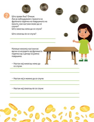 Што прави Ана? Опиши.
Ако ја набљудуваме страната на
фрлената паричка на површината на
масата, кои настани може да се
случат?
Што никогаш нема да се случи?
Што секогаш ќе се случи?
Напиши неколку настани во
врска со исходите од фрлањето
паричка од 1 денар на рамна
површина:
– Настан кој никогаш нема да
се случи:
– Настан кој е можно да се случи:
– Настан кој секогаш ќе се случи:
 