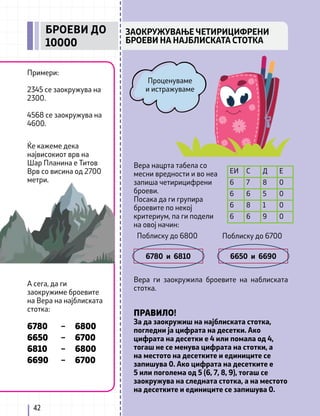 ЕИ С Д Е
6 7 8 0
6 6 5 0
6 8 1 0
6 6 9 0
42
ЗАОКРУЖУВАЊЕ ЧЕТИРИЦИФРЕНИ
БРОЕВИ НА НАЈБЛИСКАТА СТОТКА
БРОЕВИ ДО
10000
Примери:
2345 се заокружува на
2300.
4568 се заокружува на
4600.
Ќе кажеме дека
највисокиот врв на
Шар Планина е Титов
Врв со висина од 2700
метри.
А сега, да ги
заокружиме броевите
на Вера на најблиската
стотка:
6780
6650
6810
6690
–
–
–
–
6800
6700
6800
6700
Вера нацрта табела со
месни вредности и во неа
запиша четирицифрени
броеви.
Посака да ги групира
броевите по некој
критериум, па ги подели
на овој начин:
Вера ги заокружила броевите на наблиската
стотка.
ПРАВИЛО!
За да заокружиш на најблиската стотка,
погледни ја цифрата на десетки. Ако
цифрата на десетки е 4 или помала од 4,
тогаш не се менува цифрата на стотки, а
на местото на десетките и единиците се
запишува 0. Ако цифрата на десетките е
5 или поголема од 5 (6, 7, 8, 9), тогаш се
заокружува на следната стотка, а на местото
на десетките и единиците се запишува 0.
Проценуваме
и истражуваме
Поблиску до 6800 Поблиску до 6700
6780 и 6810 6650 и 6690
 