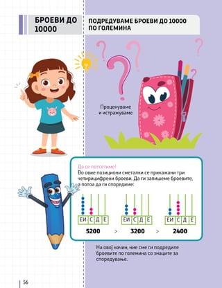 56
ПОДРЕДУВАМЕ БРОЕВИ ДО 10000
ПО ГОЛЕМИНА
БРОЕВИ ДО
10000
Проценуваме
и истражуваме
Да се потсетиме!
Во овие позициони сметалки се прикажани три
четирицифрени броеви. Да ги запишеме броевите,
а потоа да ги споредиме:
На овој начин, ние сме ги подредиле
броевите по големина со знаците за
споредување.
5200 > >
3200 2400
ЕИ С Д Е ЕИ С Д Е ЕИ С Д Е
 