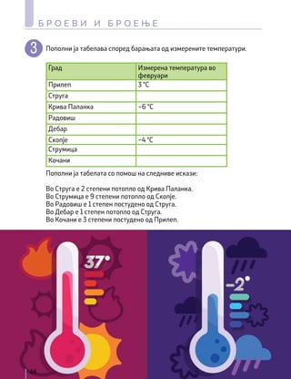 Пополни ја табелава според барањата од измерените температури.
Пополни ја табелата со помош на следниве искази:
Во Струга е 2 степени потопло од Крива Паланка.
Во Струмица е 9 степени потопло од Скопје.
Во Радовиш е 1 степен постудено од Струга.
Во Дебар е 1 степен потопло од Струга.
Во Кочани е 3 степени постудено од Прилеп.
Град Измерена температура во
февруари
Прилеп 3 °С
Струга
Крива Паланка –6 °С
Радовиш
Дебар
Скопје –4 °С
Струмица
Кочани
66
Б Р О Е В И И Б Р О Е Њ Е
 