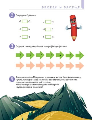 Спореди ги броевите:
-6
4
-1
-4
0
-5
-3
-5
-4
2
-3
5
Подреди ги следниве броеви почнувајќи од најмалиот.
0 7 -3 -6 4 6 -1
Температурата во Маврово во утринските часови била 4 степени под
нулата, напладне таа се зголемила за 5 степени, кога се стемнило
температурата паднала за 2 степени.
Колку изнесувала температурата во Маврово
наутро, попладне и навечер?
69
Б Р О Е В И И Б Р О Е Њ Е
 