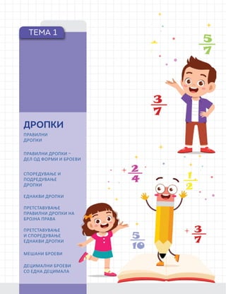 БРОЕВИ ДО 10 000,
МЕСНА ВРЕДНОСТ
НА ЦИФРИТЕВО
БРОЈ, СПОРЕДУВАЊЕ
ПАРОВИ ОД
ТРИЦИФРЕНИ ИЛИ
ЧЕТИРИЦИФРЕНИ
БРОЕВИ, НИЗИ ОД
БРОЕВИ И ПРАВИЛА
НА ФОРМИРАЊЕ,
НЕГАТИВНИ БРОЕВИ
ВО СЕКОЈДНЕВЕН
КОНТЕКСТ, ДРОПКА И
МЕШАН БРОЈ, ВОВЕД
ВО ДЕЦИМАЛНИ
БРОЕВИ СО ЕДНА
ДЕЦИМАЛА.
ТЕМА 1
ДРОПКИ
ПРАВИЛНИ
ДРОПКИ
ПРАВИЛНИ ДРОПКИ –
ДЕЛ ОД ФОРМИ И БРОЕВИ
СПОРЕДУВАЊЕ И
ПОДРЕДУВАЊЕ
ДРОПКИ
ЕДНАКВИ ДРОПКИ
ПРЕТСТАВУВАЊЕ
ПРАВИЛНИ ДРОПКИ НА
БРОЈНА ПРАВА
ПРЕТСТАВУВАЊЕ
И СПОРЕДУВАЊЕ
ЕДНАКВИ ДРОПКИ
МЕШАНИ БРОЕВИ
ДЕЦИМАЛНИ БРОЕВИ
СО ЕДНА ДЕЦИМАЛА
 