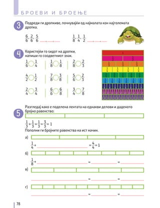 78
Б Р О Е В И И Б Р О Е Њ Е
Подреди ги дропкиве, почнувајќи од најмалата кон најголемата
дропка.
Користејќи го ѕидот на дропки,
напиши го соодветниот знак.
5
6
2
6
,
6
6
,
, ,
1
2
1
4
,
1
8
,
, ,
1
6
1
4
4
2
2
4
1
2
3
4
1
8
1
8
7
8
6
6
3
8
6
8
2
8
2
3
5
6
3
4
2
3
7
8
1
2
1
2
1
4
1
4
1
4
1
4
1
6
1
6
1
6
1
6
1
6
1
6
1
10
1
10
1
10
1
10
1
10
1
10
1
10
1
10
1
10
1
10
1
12
1
12
1
12
1
12
1
12
1
12
1
12
1
12
1
12
1
12
1
12
1
12
1
12
1
3
1
3
1
3
1
5
1
5
1
5
1
5
1
5
1
8
1
8
1
8
1
8
1
8
1
8
1
8
1
8
1
Разгледај како е поделена лентата на еднакви делови и даденото
бројно равенство:
Пополни ги бројните равенства на ист начин.
1
3
+ +
1
3
1
3
= = 1
3
3
в)
=
=
б)
1
8
+ =
=
г)
=
=
a)
1
4
+
4
4
= 1
=
 
