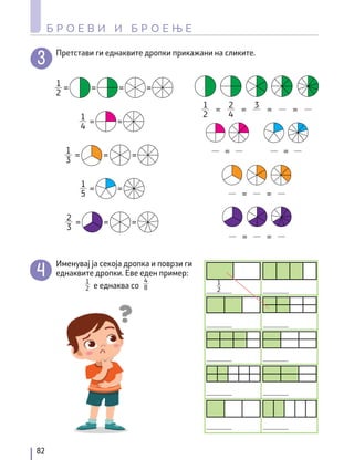 2
3
= = =
1
5
= =
1
3
= = =
1
4
= =
1
2
= = = =
1
2
2
4
3
= = = =
= =
= =
= =
82
Б Р О Е В И И Б Р О Е Њ Е
Претстави ги еднаквите дропки прикажани на сликите.
Именувај ја секоја дропка и поврзи ги
еднаквите дропки. Еве еден пример:
1
2
1
2
4
8
е еднаква со
 