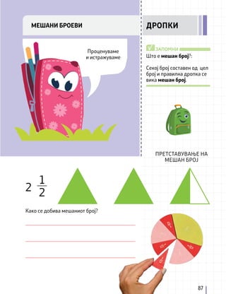 Како се добива мешаниот број?
2
1
2
ПРЕТСТАВУВАЊЕ НА
МЕШАН БРОЈ
Што е мешан број?:
Секој број составен од цел
број и правилна дропка се
вика мешан број.
ЗАПОМНИ
√
87
Проценуваме
и истражуваме
МЕШАНИ БРОЕВИ ДРОПКИ
 