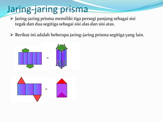 Jaring-jaring prisma
 Jaring-jaring prisma memiliki tiga persegi panjang sebagai sisi
  tegak dan dua segitiga sebagai sisi alas dan sisi atas.

 Berikut ini adalah beberapa jaring-jaring prisma segitiga yang lain.




                   =




                  =
 
