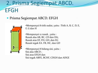 2. Prisma Segiempat ABCD.
EFGH
 Prisma Segiempat ABCD. EFGH

          •Mempunyai 8 titik sudut, yaitu : Titik A, B, C, D, E,
          F, G dan H

          •Mempunyai 12 rusuk , yaitu :
          Rusuk alas AB, BC, CD dan DA;
          Rusuk atas EF, FH, GH, dan EG
          Rusuk tegak EA. FB, HC, dan GD

          •Mempunyai 8 bidang sisi, yaitu :
          Sisi alas ABCD ;
          Sisi atas EFGH dan
          Sisi tegak ABFE, BCHF, CDGH dan ADGE
 