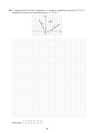 16
30.	 У прямокутній системі координат на площині зображено вектори , та .	
	 Визначте косинус кута між векторами    + та   .
	
	 Відповідь:   
 