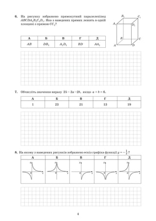 4
6.	 На рисунку зображено прямокутний паралелепіпед	
	 АВСDА1В1С1D1. Яка з наведених прямих лежить в одній	
	 площині з прямою СС1?
	
А Б В Г Д
AB DB1 A1D1 BD AA1
	
7.	 Обчисліть значення виразу  25 – 2a –2b,  якщо  a + b = 6.
	
А Б В Г Д
1 23 21 13 19
	
8.  На якому з наведених рисунків зображено ескіз графіка функції y = –
1
–x ?
	
А Б В Г Д
	
 