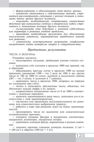 125
— формулировать и обосновывать свою точку зрения;
— критично относиться к собственному мнению, стре-
миться рассматривать ситуацию с разных позиций и пони-
мать точку зрения другого человека;
— понимать необходимость координации совместных
действий при выполнении учебных и творческих задач; стре-
миться к пониманию позиции другого человека;
– согласовывать свои действия с мнением собеседника
или партнёра в решении учебной проблемы;
– приводить необходимые аргументы для обоснования
высказанной гипотезы, опровержения ошибочного вывода
или решения;
— готовность конструктивно разрешать конфликты
посредством учёта интересов сторон и сотрудничества.
Предметные результаты
ЧИСЛА И ВЕЛИЧИНЫ
Учащийся научится:
— моделировать ситуации, требующие умения считать сот-
нями;
— выполнять счёт сотнями в пределах 1000 как прямой, так
и обратный;
— образовывать круглые сотни в пределах 1000 на основе
принципа умножения (300 — это 3 раза по 100) и все другие
числа от 100 до 1000 из сотен, десятков и нескольких единиц
(267 — это 2 сотни, 6 десятков и 7 единиц);
— сравнивать числа в пределах 1000, опираясь на порядок
их следования при счёте;
— читать и записывать трёхзначные числа, объясняя, что
обозначает каждая цифра в их записи;
— упорядочивать натуральные числа от 0 до 1000 в соответ-
ствии с заданным порядком;
— выявлять закономерность ряда чисел, дополнять его в со-
ответствии с этой закономерностью;
— составлять или продолжать последовательность по задан-
ному или самостоятельно выбранному правилу;
— работать в паре при решении задач на поиск закономер-
ностей;
— группировать числа по заданному или самостоятельно
установленному признаку;
— измерять площадь фигуры в квадратных сантиметрах,
квадратных дециметрах, квадратных метрах;
— сравнивать площади фигур, выраженные в разных едини-
цах;
— заменять крупные единицы площади мелкими: (1 дм2 =
= 100 см2) и обратно (100 дм2 = 1 м2);
 