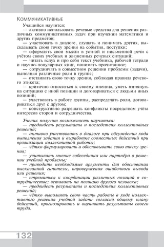 132
КОММУНИКАТИВНЫЕ
Учащийся научится:
— активно использовать речевые средства для решения раз-
личных коммуникативных задач при изучении математики и
других предметов;
— участвовать в диалоге, слушать и понимать других, вы-
сказывать свою точку зрения на события, поступки;
— оформлять свои мысли в устной и письменной речи с
учётом своих учебных и жизненных речевых ситуаций;
— читать вслух и про себя текст учебника, рабочей тетради
и научно-популярных книг, понимать прочитанное;
— сотрудничать в совместном решении проблемы (задачи),
выполняя различные роли в группе;
— отстаивать свою точку зрения, соблюдая правила речево-
го этикета;
— критично относиться к своему мнению, уметь взглянуть
на ситуацию с иной позиции и договариваться с людьми иных
позиций;
— участвовать в работе группы, распределять роли, догова-
риваться друг с другом;
— конструктивно разрешать конфликты посредством учёта
интересов сторон и сотрудничества.
Ученик получит возможность научиться:
— предвидеть результаты и последствия коллективных
решений;
— активно участвовать в диалоге при обсуждении хода
выполнения задания и выработке совместных действий при
организации коллективной работы;
— чётко формулировать и обосновывать свою точку зре-
ния;
— учитывать мнение собеседника или партнёра в реше-
нии учебной проблемы;
— приводить необходимые аргументы для обоснования
высказанной гипотезы, опровержения ошибочного вывода
или решения;
— стремиться к координации различных позиций в со-
трудничестве; вставать на позицию другого человека;
— предвидеть результаты и последствия коллективных
решений;
— чётко выполнять свою часть работы в ходе коллек-
тивного решения учебной задачи согласно общему плану
действий, прогнозировать и оценивать результаты своего
труда.
 