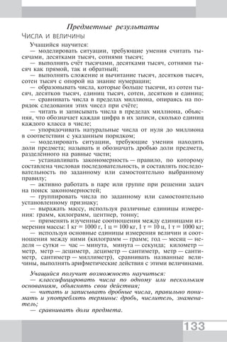 133
Предметные результаты
ЧИСЛА И ВЕЛИЧИНЫ
Учащийся научится:
— моделировать ситуации, требующие умения считать ты-
сячами, десятками тысяч, сотнями тысяч;
— выполнять счёт тысячами, десятками тысяч, сотнями ты-
сяч как прямой, так и обратный;
— выполнять сложение и вычитание тысяч, десятков тысяч,
сотен тысяч с опорой на знание нумерации;
— образовывать числа, которые больше тысячи, из сотен ты-
сяч, десятков тысяч, единиц тысяч, сотен, десятков и единиц;
— сравнивать числа в пределах миллиона, опираясь на по-
рядок следования этих чисел при счёте;
— читать и записывать числа в пределах миллиона, объяс-
няя, что обозначает каждая цифра в их записи, сколько единиц
каждого класса в числе;
— упорядочивать натуральные числа от нуля до миллиона
в соответствии с указанным порядком;
— моделировать ситуации, требующие умения находить
доли предмета; называть и обозначать дробью доли предмета,
разделённого на равные части;
— устанавливать закономерность — правило, по которому
составлена числовая последовательность, и составлять последо-
вательность по заданному или самостоятельно выбранному
правилу;
— активно работать в паре или группе при решении задач
на поиск закономерностей;
— группировать числа по заданному или самостоятельно
установленному признаку;
— выражать массу, используя различные единицы измере-
ния: грамм, килограмм, центнер, тонну;
— применять изученные соотношения между единицами из-
мерения массы: 1 кг = 1000 г, 1 ц = 100 кг, 1 т = 10 ц, 1 т = 1000 кг;
— используя основные единицы измерения величин и соот-
ношения между ними (килограмм — грамм; год — месяц — не-
деля — сутки — час — минута, минута — секунда; километр —
метр, метр — дециметр, дециметр — сантиметр, метр — санти-
метр, сантиметр — миллиметр), сравнивать названные вели-
чины, выполнять арифметические действия с этими величинами.
Учащийся получит возможность научиться:
— классифицировать числа по одному или нескольким
основаниям, объяснять свои действия;
— читать и записывать дробные числа, правильно пони-
мать и употреблять термины: дробь, числитель, знамена-
тель;
— сравнивать доли предмета.
 