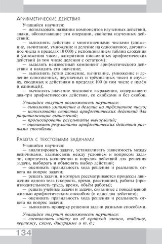 134
АРИФМЕТИЧЕСКИЕ ДЕЙСТВИЯ
Учащийся научится:
— использовать названия компонентов изученных действий,
знаки, обозначающие эти операции, свойства изученных дей-
ствий;
— выполнять действия с многозначными числами (сложе-
ние, вычитание, умножение и деление на однозначное, двузнач-
ное числа в пределах 10 000) с использованием таблиц сложения
и умножения чисел, алгоритмов письменных арифметических
действий (в том числе деления с остатком);
— выделять неизвестный компонент арифметического дей-
ствия и находить его значение;
— выполнять устно сложение, вычитание, умножение и де-
ление однозначных, двузначных и трёхзначных чисел в случа-
ях, сводимых к действиям в пределах 100 (в том числе с нулём
и единицей);
— вычислять значение числового выражения, содержащего
два-три арифметических действия, со скобками и без скобок.
Учащийся получит возможность научиться:
– выполнять умножение и деление на трёхзначное число;
– использовать свойства арифметических действий для
рационализации вычислений;
– прогнозировать результаты вычислений;
– оценивать результаты арифметических действий раз-
ными способами.
РАБОТА С ТЕКСТОВЫМИ ЗАДАЧАМИ
Учащийся научится:
— анализировать задачу, устанавливать зависимость между
величинами, взаимосвязь между условием и вопросом зада-
чи, определять количество и порядок действий для решения
задачи, выбирать и объяснять выбор действий;
— оценивать правильность хода решения и реальность от-
вета на вопрос задачи;
— решать задачи, в которых рассматриваются процессы дви-
жения одного тела (скорость, время, расстояние), работы (про-
изводительность труда, время, объём работы);
— решать учебные задачи и задачи, связанные с повседневной
жизнью арифметическим способом (в одно-два действия);
— оценивать правильность хода решения и реальность от-
вета на вопрос задачи;
— выполнять проверку решения задачи разными способами.
Учащийся получит возможность научиться:
— составлять задачу по её краткой записи, таблице,
чертежу, схеме, диаграмме и т. д.;
 