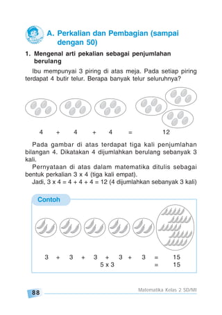 88
Matematika Kelas 2 SD/MI
Contoh
1. Mengenal arti pekalian sebagai penjumlahan
berulang
Ibu mempunyai 3 piring di atas meja. Pada setiap piring
terdapat 4 butir telur. Berapa banyak telur seluruhnya?
A. Perkalian dan Pembagian (sampai
dengan 50)
Pada gambar di atas terdapat tiga kali penjumlahan
bilangan 4. Dikatakan 4 dijumlahkan berulang sebanyak 3
kali.
Pernyataan di atas dalam matematika ditulis sebagai
bentuk perkalian 3 x 4 (tiga kali empat).
Jadi, 3 x 4 = 4 + 4 + 4 = 12 (4 dijumlahkan sebanyak 3 kali)
4 + 4 + 4 = 12
3 + 3 + 3 + 3 + 3 = 15
5 x 3 = 15
 