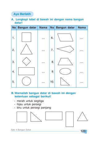 123
Bab 4 Bangun Datar
3. .... 8. ....
4. .... 9. ....
5. .... 10. ....
B. Warnailah bangun datar di bawah ini dengan
ketentuan sebagai berikut!
- merah untuk segitiga
- hijau untuk persegi
- biru untuk persegi panjang
1. .... 6. ....
2. .... 7. ....
No Bangun datar Nama No Bangun datar Nama
A. Lengkapi tabel di bawah ini dengan nama bangun
datar!
Ayo Berlatih
 