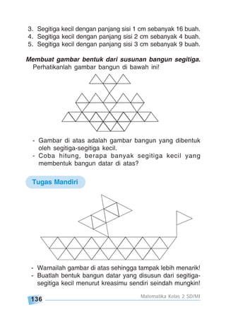 136
Matematika Kelas 2 SD/MI
3. Segitiga kecil dengan panjang sisi 1 cm sebanyak 16 buah.
4. Segitiga kecil dengan panjang sisi 2 cm sebanyak 4 buah.
5. Segitiga kecil dengan panjang sisi 3 cm sebanyak 9 buah.
Membuat gambar bentuk dari susunan bangun segitiga.
Perhatikanlah gambar bangun di bawah ini!
- Gambar di atas adalah gambar bangun yang dibentuk
oleh segitiga-segitiga kecil.
- Coba hitung, berapa banyak segitiga kecil yang
membentuk bangun datar di atas?
Tugas Mandiri
- Warnailah gambar di atas sehingga tampak lebih menarik!
- Buatlah bentuk bangun datar yang disusun dari segitiga-
segitiga kecil menurut kreasimu sendiri seindah mungkin!
 
