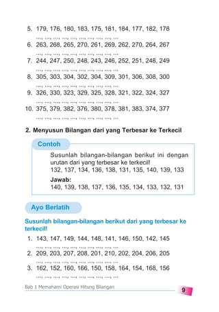 9
Bab 1 Memahami Operasi Hitung Bilangan
5. 179, 176, 180, 183, 175, 181, 184, 177, 182, 178
..., ..., ..., ..., ..., ..., ..., ..., ..., ...
6. 263, 268, 265, 270, 261, 269, 262, 270, 264, 267
..., ..., ..., ..., ..., ..., ..., ..., ..., ...
7. 244, 247, 250, 248, 243, 246, 252, 251, 248, 249
..., ..., ..., ..., ..., ..., ..., ..., ..., ...
8. 305, 303, 304, 302, 304, 309, 301, 306, 308, 300
..., ..., ..., ..., ..., ..., ..., ..., ..., ...
9. 326, 330, 323, 329, 325, 328, 321, 322, 324, 327
..., ..., ..., ..., ..., ..., ..., ..., ..., ...
10. 375, 379, 382, 376, 380, 378, 381, 383, 374, 377
..., ..., ..., ..., ..., ..., ..., ..., ..., ...
2. Menyusun Bilangan dari yang Terbesar ke Terkecil
Contoh
Susunlah bilangan-bilangan berikut ini dengan
urutan dari yang terbesar ke terkecil!
132, 137, 134, 136, 138, 131, 135, 140, 139, 133
Jawab:
140, 139, 138, 137, 136, 135, 134, 133, 132, 131
Ayo Berlatih
Susunlah bilangan-bilangan berikut dari yang terbesar ke
terkecil!
1. 143, 147, 149, 144, 148, 141, 146, 150, 142, 145
..., ..., ..., ..., ..., ..., ..., ..., ..., ...
2. 209, 203, 207, 208, 201, 210, 202, 204, 206, 205
..., ..., ..., ..., ..., ..., ..., ..., ..., ...
3. 162, 152, 160, 166, 150, 158, 164, 154, 168, 156
..., ..., ..., ..., ..., ..., ..., ..., ..., ...
 