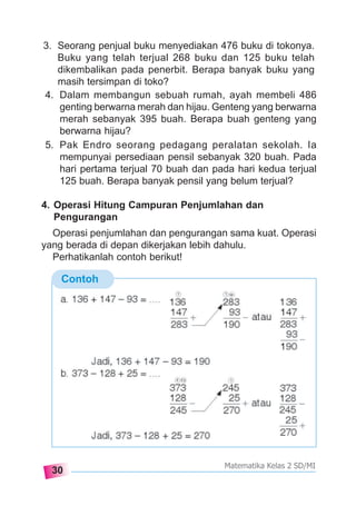 30
Matematika Kelas 2 SD/MI
3. Seorang penjual buku menyediakan 476 buku di tokonya.
Buku yang telah terjual 268 buku dan 125 buku telah
dikembalikan pada penerbit. Berapa banyak buku yang
masih tersimpan di toko?
Contoh
4. Dalam membangun sebuah rumah, ayah membeli 486
genting berwarna merah dan hijau. Genteng yang berwarna
merah sebanyak 395 buah. Berapa buah genteng yang
berwarna hijau?
5. Pak Endro seorang pedagang peralatan sekolah. Ia
mempunyai persediaan pensil sebanyak 320 buah. Pada
hari pertama terjual 70 buah dan pada hari kedua terjual
125 buah. Berapa banyak pensil yang belum terjual?
4. Operasi Hitung Campuran Penjumlahan dan
Pengurangan
Operasi penjumlahan dan pengurangan sama kuat. Operasi
yang berada di depan dikerjakan lebih dahulu.
Perhatikanlah contoh berikut!
 