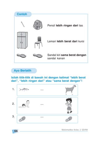 66
Matematika Kelas 2 SD/MI
Contoh
Pensil lebih ringan dari tas
Lemari lebih berat dari kursi
Sandal kiri sama berat dengan
sandal kanan
Ayo Berlatih
Isilah titik-titik di bawah ini dengan kalimat “lebih berat
dari”, “lebih ringan dari” atau “sama berat dengan”!
1. ....
2. ....
3. ....
 