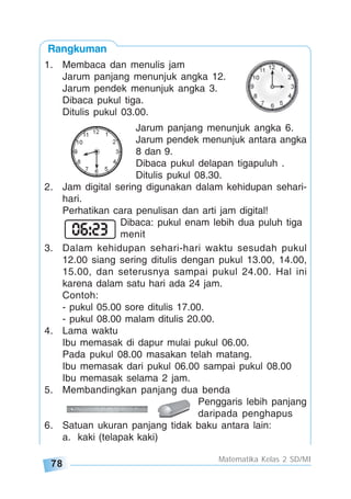 78
Matematika Kelas 2 SD/MI
Rangkuman
1. Membaca dan menulis jam
Jarum panjang menunjuk angka 12.
Jarum pendek menunjuk angka 3.
Dibaca pukul tiga.
Ditulis pukul 03.00.
Jarum panjang menunjuk angka 6.
Jarum pendek menunjuk antara angka
8 dan 9.
Dibaca pukul delapan tigapuluh .
Ditulis pukul 08.30.
2. Jam digital sering digunakan dalam kehidupan sehari-
hari.
Perhatikan cara penulisan dan arti jam digital!
Dibaca: pukul enam lebih dua puluh tiga
menit
3. Dalam kehidupan sehari-hari waktu sesudah pukul
12.00 siang sering ditulis dengan pukul 13.00, 14.00,
15.00, dan seterusnya sampai pukul 24.00. Hal ini
karena dalam satu hari ada 24 jam.
Contoh:
- pukul 05.00 sore ditulis 17.00.
- pukul 08.00 malam ditulis 20.00.
4. Lama waktu
Ibu memasak di dapur mulai pukul 06.00.
Pada pukul 08.00 masakan telah matang.
Ibu memasak dari pukul 06.00 sampai pukul 08.00
Ibu memasak selama 2 jam.
5. Membandingkan panjang dua benda
Penggaris lebih panjang
daripada penghapus
6. Satuan ukuran panjang tidak baku antara lain:
a. kaki (telapak kaki)
 