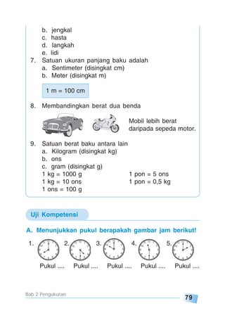 79
Bab 2 Pengukuran
b. jengkal
c. hasta
d. langkah
e. lidi
7. Satuan ukuran panjang baku adalah
a. Sentimeter (disingkat cm)
b. Meter (disingkat m)
1 m = 100 cm
8. Membandingkan berat dua benda
Mobil lebih berat
daripada sepeda motor.
9. Satuan berat baku antara lain
a. Kilogram (disingkat kg)
b. ons
c. gram (disingkat g)
1 kg = 1000 g 1 pon = 5 ons
1 kg = 10 ons 1 pon = 0,5 kg
1 ons = 100 g
Uji Kompetensi
A. Menunjukkan pukul berapakah gambar jam berikut!
1. 2. 3. 4. 5.
Pukul .... Pukul .... Pukul .... Pukul .... Pukul ....
 