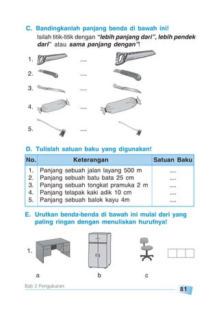 81
Bab 2 Pengukuran
C. Bandingkanlah panjang benda di bawah ini!
Isilah titik-titik dengan “lebih panjang dari”, lebih pendek
dari”’ atau sama panjang dengan”!
1. ....
2. ....
3. ....
4. ....
5. ....
D. Tulislah satuan baku yang digunakan!
E. Urutkan benda-benda di bawah ini mulai dari yang
paling ringan dengan menuliskan hurufnya!
1.
a b c
1. Panjang sebuah jalan layang 500 m ....
2. Panjang sebuah batu bata 25 cm ....
3. Panjang sebuah tongkat pramuka 2 m ....
4. Panjang telapak kaki adik 10 cm ....
5. Panjang sebuah balok kayu 4m ....
No. Keterangan Satuan Baku
 