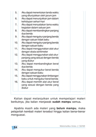 84
Matematika Kelas 2 SD/MI
Kalian dapat melanjutkan untuk mempelajari materi
berikutnya, jika kalian menjawab sudah mampu semua.
Apabila masih ada materi yang belum mampu, maka
pelajarilah kembali materi tersebut hingga kalian benar-benar
menguasai.
5. Aku dapat menentukan tanda waktu
yang ditunjukkan oleh jarum jam
6. Aku dapat menunjukkan jam dalam
kehidupan sehari-hari
7. Aku dapat menyatakan lama waktu
kegiatan dalam satuan jam
8. Akudapatmembandingkanpanjang
dua benda
9. Akudapatmengukurpanjangbenda
dengan satuan tidak baku
10. Akudapatmengukurpanjangbenda
dengan satuan baku
11. Aku dapat menggunakan alat ukur
dengan skala sentimeter
12. Aku dapat menggunakan alat ukur
panjang yang sesuai dengan benda
yang diukur
13. Aku dapat membandingkan berat
dua benda
14. Aku dapat mengukur berat benda
dengan satuan baku
15. Akudapatmenggunakantimbangan
baku untuk mengukur berat benda
16. Aku dapat memilih alat ukur berat
yang sesuai dengan benda yang
diukur
 