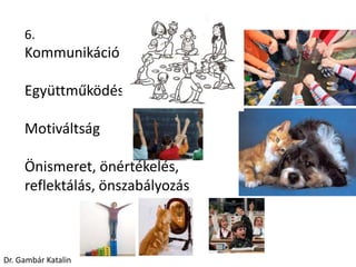 6.
Kommunikáció
Együttműködés
Motiváltság
Önismeret, önértékelés,
reflektálás, önszabályozás
Dr. Gambár Katalin
 