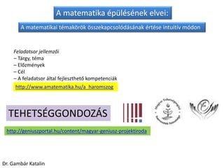 A matematika épülésének elvei:
Feladatsor jellemzői
– Tárgy, téma
– Előzmények
– Cél
– A feladatsor által fejleszthető kompetenciák
A matematikai témakörök összekapcsolódásának értése intuitív módon
http://www.amatematika.hu/a_haromszog
TEHETSÉGGONDOZÁS
Dr. Gambár Katalin
http://geniuszportal.hu/content/magyar-geniusz-projektiroda
 