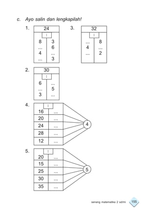 155senang matematika 2 sd/mi
c. Ayo salin dan lengkapilah!
1. 3.
2.
4.
5.
32
..
...
4
...
8
...
2
24
..
8
...
4
...
3
6
...
3
30
6
...
3
...
5
...
....
20 ...
15 ...
25 ...
30 ...
35 ...
5
..
16 ...
20 ...
24 ...
28 ...
12 ...
4
 