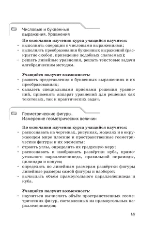 11
Числовые и буквенные
выражения. Уравнения
По окончании изучения курса учащийся научится:
• выполнять операции с числовыми выражениями;
• выполнять преобразования буквенных выражений (рас-
крытие скобок, приведение подобных слагаемых);
• решать линейные уравнения, решать текстовые задачи
алгебраическим методом.
Учащийся получит возможность:
• развить представления о буквенных выражениях и их
преобразованиях;
• овладеть специальными приёмами решения уравне-
ний, применять аппарат уравнений для решения как
текстовых, так и практических задач.
Геометрические фигуры.
Измерение геометрических величин
По окончании изучения курса учащийся научится:
• распознавать на чертежах, рисунках, моделях и в окру-
жающем мире плоские и пространственные геометри-
ческие фигуры и их элементы;
• строить углы, определять их градусную меру;
• распознавать и изображать развёртки куба, прямо-
угольного параллелепипеда, правильной пирамиды,
цилиндра и конуса;
• определять по линейным размерам развёртки фигуры
линейные размеры самой фигуры и наоборот;
• вычислять объём прямоугольного параллелепипеда и
куба.
Учащийся получит возможность:
• научиться вычислять объём пространственных геоме-
трических фигур, составленных из прямоугольных па-
раллелепипедов;
Числовые и буквенные
выражения. Уравнения
Геометрические фигуры.
Измерение геометрических величин
 