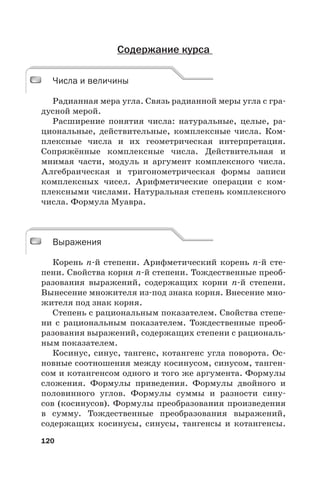 120
Содержание курса
Числа и величины
Радианная мера угла. Связь радианной меры угла с гра-
дусной мерой.
Расширение понятия числа: натуральные, целые, ра-
циональные, действительные, комплексные числа. Ком-
плексные числа и их геометрическая интерпретация.
Сопряжённые комплексные числа. Действительная и
мнимая части, модуль и аргумент комплексного числа.
Алгебраическая и тригонометрическая формы записи
комплексных чисел. Арифметические операции с ком-
плексными числами. Натуральная степень комплексного
числа. Формула Муавра.
Выражения
Корень n-й степени. Арифметический корень n-й сте-
пени. Свойства корня n-й степени. Тождественные преоб-
разования выражений, содержащих корни n-й степени.
Вынесение множителя из-под знака корня. Внесение мно-
жителя под знак корня.
Степень с рациональным показателем. Свойства степе-
ни с рациональным показателем. Тождественные преоб-
разования выражений, содержащих степени с рациональ-
ным показателем.
Косинус, синус, тангенс, котангенс угла поворота. Ос-
новные соотношения между косинусом, синусом, танген-
сом и котангенсом одного и того же аргумента. Формулы
сложения. Формулы приведения. Формулы двойного и
половинного углов. Формулы суммы и разности сину-
сов (косинусов). Формулы преобразования произведения
в сумму. Тождественные преобразования выражений,
содержащих косинусы, синусы, тангенсы и котангенсы.
Числа и величины
Выражения
 