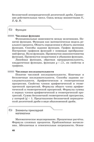 48
бесконечной непериодической десятичной дроби. Сравне-
ние действительных чисел. Связь между множествами N,
Z, Q, R.
Функции
Числовые функции
Функциональные зависимости между величинами. По-
нятие функции. Функция как математическая модель ре-
ального процесса. Область определения и область значения
функции. Способы задания функции. График функции.
Построение графиков функций с помощью преобразова-
ний фигур. Нули функции. Промежутки знакопостоянства
функции. Промежутки возрастания и убывания функции.
Линейная функция, обратная пропорциональность,
квадратичная функция, функция y x= , их свойства и
графики.
Числовые последовательности
Понятие числовой последовательности. Конечные и
бесконечные последовательности. Способы задания по-
следовательности. Арифметическая и геометрическая
прогрессии. Свойства членов арифметической и геоме-
трической прогрессий. Формулы общего члена арифме-
тической и геометрической прогрессий. Формулы суммы
n первых членов арифметической и геометрической про-
грессий. Сумма бесконечной геометрической прогрессии,
у которой |q| < 1. Представление бесконечной периодиче-
ской десятичной дроби в виде обыкновенной дроби.
Элементы прикладной
математики
Математическое моделирование. Процентные расчёты.
Формула сложных процентов. Приближённые вычисле-
ния. Абсолютная и относительная погрешности. Основ-
Функции
Элементы прикладной
математики
 