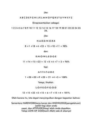 jika:
ABCDEFGHIJKLMNOPQRSTUVWXYZ
Direpresentasikan sebagai:
1 2 3 4 5 6 7 8 9 10 11 12 13 14 15 16 17 18 19 20 21 22 23 24 25
26.
jika:
H-A-R-D-W-O-R-K
8 +1 +18 +4 +23 + 15 +18 +11 = 98%
dan:
K-N-O-W-L-E-D-G-E
11 +14 +15 +23 + 12 +5 +4 +7 + 5 = 96%
tapi:
A-T-T-I-T-U-D-E
1 +20 +20 +9 +20 + 21 +4 +5 = 100%
Tetapi, lihatlah:
L-O-V-E-O-F-G-O-D
12 +15 +22 +5 +15 + 6 +7 +15 +4 = 101%
Oleh karena itu, kita dapat menyimpulkan dengan kepastian bahwa:
Sementara HARDWORK(kerja keras) dan KNOWLEDGE(pengetahuan)
sedikit lagi akan anda
capai, dan ATTITUDE(Sikap) telah Anda dapatkan
Tetapi LOVE OF GOD(kasih Allah) ada di atasnya!

 