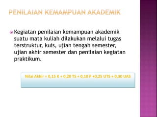  Kegiatan penilaian kemampuan akademik
suatu mata kuliah dilakukan melalui tugas
terstruktur, kuis, ujian tengah semester,
ujian akhir semester dan penilaian kegiatan
praktikum.
Nilai Akhir = 0,15 K + 0,20 TS + 0,10 P +0,25 UTS + 0,30 UAS
 