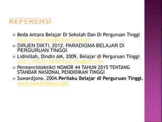  Beda Antara Belajar Di Sekolah Dan Di Perguruan Tinggi
http://www.pendidikanislam.net
 DIRJEN DIKTI, 2012. PARADIGMA BELAJAR DI
PERGURUAN TINGGI
 Lidinillah, Dindin AM, 2009. Belajar di Perguruan Tinggi
http://dindin-abdulmuiz.blogspot.com
 Permenristektikti NOMOR 44 TAHUN 2015 TENTANG
STANDAR NASIONAL PENDIDIKAN TINGGI
 Suwardjono. 2004.Perilaku Belajar di Perguruan Tinggi.
www.suwardjono.com
 