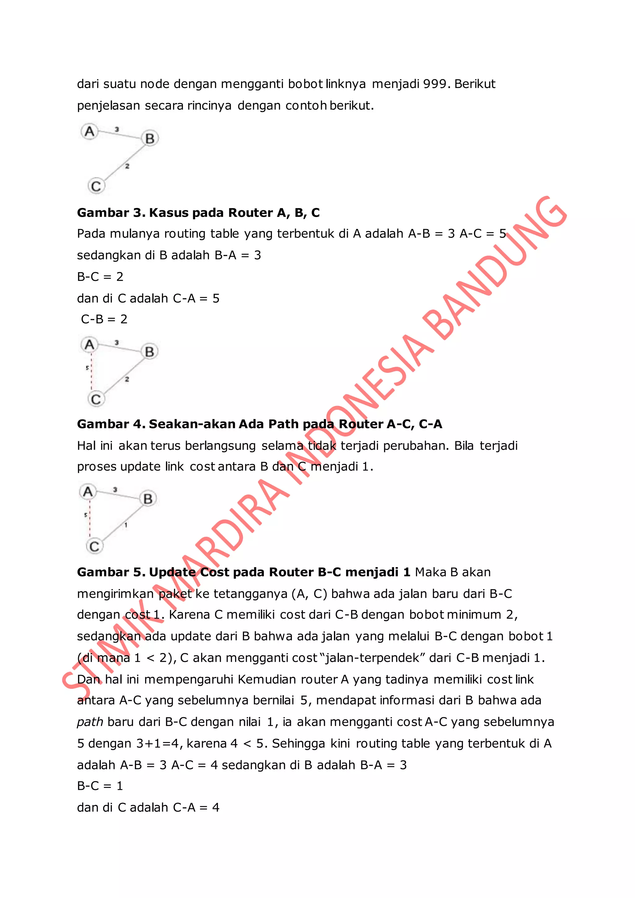 dari suatu node dengan mengganti bobot linknya menjadi 999. Berikut
penjelasan secara rincinya dengan contoh berikut.
Gambar 3. Kasus pada Router A, B, C
Pada mulanya routing table yang terbentuk di A adalah A-B = 3 A-C = 5
sedangkan di B adalah B-A = 3
B-C = 2
dan di C adalah C-A = 5
C-B = 2
Gambar 4. Seakan-akan Ada Path pada Router A-C, C-A
Hal ini akan terus berlangsung selama tidak terjadi perubahan. Bila terjadi
proses update link cost antara B dan C menjadi 1.
Gambar 5. Update Cost pada Router B-C menjadi 1 Maka B akan
mengirimkan paket ke tetangganya (A, C) bahwa ada jalan baru dari B-C
dengan cost 1. Karena C memiliki cost dari C-B dengan bobot minimum 2,
sedangkan ada update dari B bahwa ada jalan yang melalui B-C dengan bobot 1
(di mana 1 < 2), C akan mengganti cost “jalan-terpendek” dari C-B menjadi 1.
Dan hal ini mempengaruhi Kemudian router A yang tadinya memiliki cost link
antara A-C yang sebelumnya bernilai 5, mendapat informasi dari B bahwa ada
path baru dari B-C dengan nilai 1, ia akan mengganti cost A-C yang sebelumnya
5 dengan 3+1=4, karena 4 < 5. Sehingga kini routing table yang terbentuk di A
adalah A-B = 3 A-C = 4 sedangkan di B adalah B-A = 3
B-C = 1
dan di C adalah C-A = 4
 