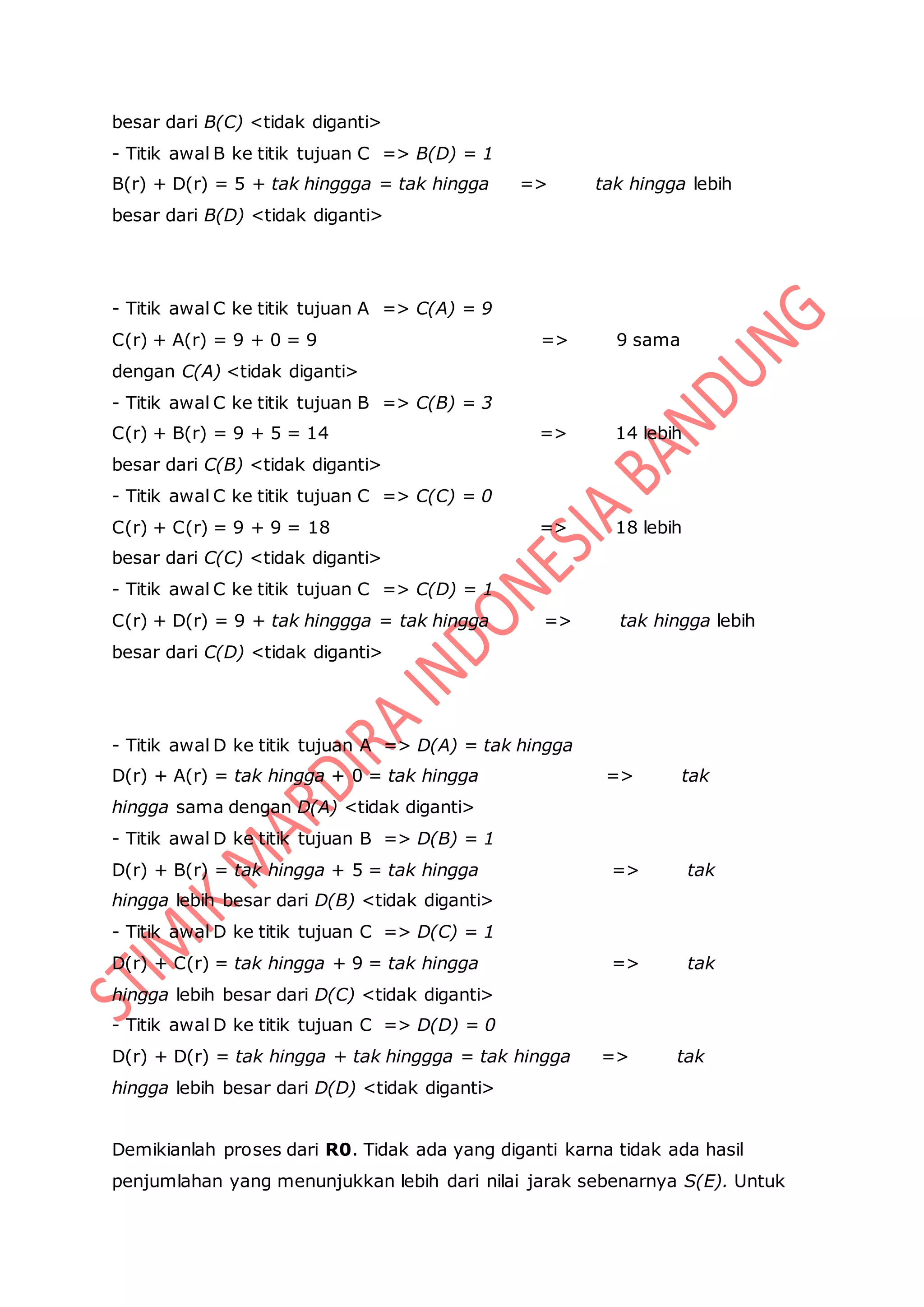 besar dari B(C) <tidak diganti>
- Titik awal B ke titik tujuan C => B(D) = 1
B(r) + D(r) = 5 + tak hinggga = tak hingga => tak hingga lebih
besar dari B(D) <tidak diganti>
- Titik awal C ke titik tujuan A => C(A) = 9
C(r) + A(r) = 9 + 0 = 9 => 9 sama
dengan C(A) <tidak diganti>
- Titik awal C ke titik tujuan B => C(B) = 3
C(r) + B(r) = 9 + 5 = 14 => 14 lebih
besar dari C(B) <tidak diganti>
- Titik awal C ke titik tujuan C => C(C) = 0
C(r) + C(r) = 9 + 9 = 18 => 18 lebih
besar dari C(C) <tidak diganti>
- Titik awal C ke titik tujuan C => C(D) = 1
C(r) + D(r) = 9 + tak hinggga = tak hingga => tak hingga lebih
besar dari C(D) <tidak diganti>
- Titik awal D ke titik tujuan A => D(A) = tak hingga
D(r) + A(r) = tak hingga + 0 = tak hingga => tak
hingga sama dengan D(A) <tidak diganti>
- Titik awal D ke titik tujuan B => D(B) = 1
D(r) + B(r) = tak hingga + 5 = tak hingga => tak
hingga lebih besar dari D(B) <tidak diganti>
- Titik awal D ke titik tujuan C => D(C) = 1
D(r) + C(r) = tak hingga + 9 = tak hingga => tak
hingga lebih besar dari D(C) <tidak diganti>
- Titik awal D ke titik tujuan C => D(D) = 0
D(r) + D(r) = tak hingga + tak hinggga = tak hingga => tak
hingga lebih besar dari D(D) <tidak diganti>
Demikianlah proses dari R0. Tidak ada yang diganti karna tidak ada hasil
penjumlahan yang menunjukkan lebih dari nilai jarak sebenarnya S(E). Untuk
 