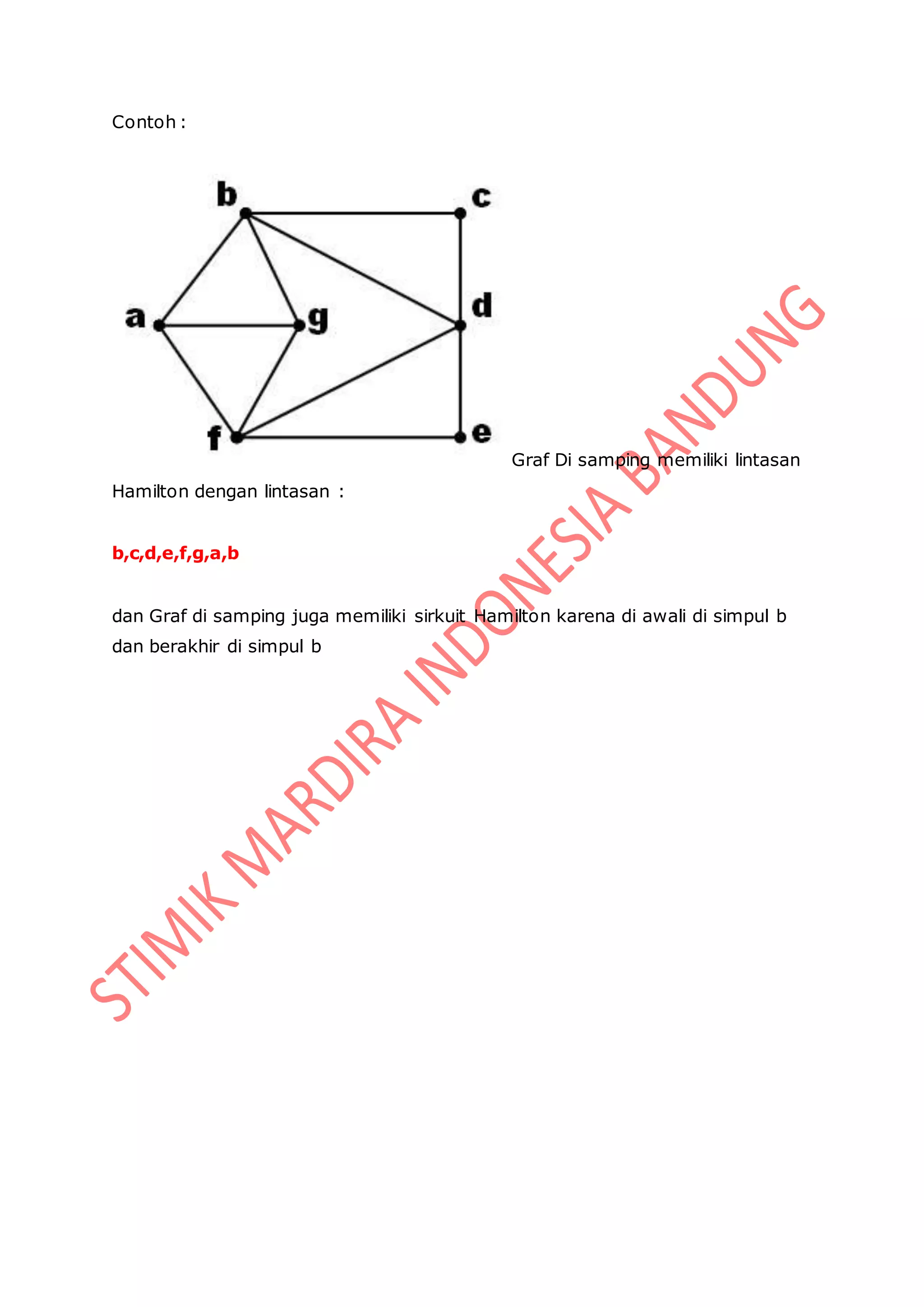 Contoh :
Graf Di samping memiliki lintasan
Hamilton dengan lintasan :
b,c,d,e,f,g,a,b
dan Graf di samping juga memiliki sirkuit Hamilton karena di awali di simpul b
dan berakhir di simpul b
 