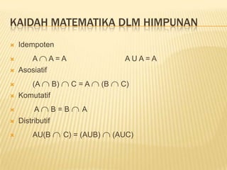 Operasi HimpunanGabungan (Union) notasi UIrisan(Intersection) notasi∩Selisihnotasi (-)HimpunanBagian (subset) notasiсPelengkap(complement) misal Him. AC