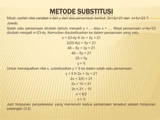 Latihan:1. Carilahkemiringandantitikpotongsumbu y padapersamaangarisberikutini:a. 3x – 2y + 12 = 0b. 2x – 5y – 10 = 0c. 4x – 6y = 102. Untuksetiappasangantitik-titikkoordinatberikutcarilahpersamaangarislurusnya:a. (3,5) dan (10,2)b. (-6,-4) dan (10,8)3. Untuk setiap pasangan titik koordinat dan kemiringan (m) berikut ini tentukan persamaan garislurusnya:a. (2,6), m = 0,4b. (5,8), m = -1,64. Tentukanhimpunanpenyelesaiandarisistempersamaan linier berikutdenganmetodeeliminasi:a. 2x – 3y = 5 dan 3x – 2y = -4b. 4x + 3y = 16 dan x – 2y = 45. Tentukanhimpunanpenyelesaiandarisistempersamaan linier berikutdenganmetodesubstitusi:a. x – y = 2 dan 2x + 3y = 9b. x – y = -1 dan 3x + 2y = 126. Tentukanhimpunanpenyelesaiandarisistempersamaan linier berikutdenganmetodedeterminan:a. x + y = 5 dan 2x + 3y = 12b. 2x – 3y = 13 dan 4x + y = 15