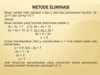 SISTEM PERSAMAAN LINIERPenyelesaiansuatusistempersamaan linier adalahsuatuhimpunannilaiyang memenuhi secara serentak (simultan) semua persamaan-persamaan dari sistem tersebut. Atausecarasederhanapenyelesaiansistempersamaan linier adalahmenentukantitikpotongdariduapersamaan linier. Adatigacara yang dapatdigunakanuntukpenyelesaiansuatusistempersamaan linier, yaitu: (1). MetodeSubstitusi, (2). MetodeEliminasi, dan(3). MetodeDeterminan.