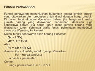 FUNGSI PERMINTAAN, FUNGSI PENAWARAN DAN KESEIMBANGAN PASARFUNGSI PERMINTAANFungsipermintaanmenunjukkanhubunganantarajumlahproduk yang dimintaolehkonsumendenganhargaproduk. Di dalamteoriekonomidijelaskanbahwajikaharganaikmakajumlahbarang yang dimintaturun, demikianjugasebaliknyabahwajikahargaturunmakajumlahbarang yang dimintanaik, sehinggagrafikfungsipermintaanmempunyaislope negatif (miring kekiri)Notasifungsipermintaanakanbarangx adalah:Qx = f (Px)Qx = a – b PxAtauPx =a/b – 1/b Qxdimana: Qx = Jumlahproduk x yang dimintaPx = Hargaproduk x	 a dan b = parameter 