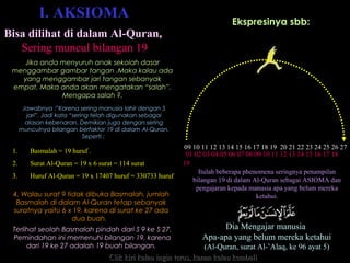 I. AKSIOMAI. AKSIOMA
1. Basmalah = 19 huruf .
2. Surat Al-Quran = 19 x 6 surat = 114 surat
3. Huruf Al-Quran = 19 x 17407 huruf = 330733 huruf
4. Walau surat 9 tidak dibuka Basmalah, jumlah
Basmalah di dalam Al-Quran tetap sebanyak
suratnya yaitu 6 x 19, karena di surat ke 27 ada
dua buah.
Terlihat seolah Basmalah pindah dari S 9 ke S 27.
Pemindahan ini memenuhi bilangan 19, karena
dari 19 ke 27 adalah 19 buah bilangan.
Jika anda menyuruh anak sekolah dasar
menggambar gambar tangan .Maka kalau ada
yang menggambar jari tangan sebanyak
empat, Maka anda akan mengatakan “salah”.
Mengapa salah ?.
Jawabnya :”Karena sering manusia lahir dengan 5
jari”. Jadi kata “sering telah digunakan sebagai
alasan kebenaran. Demikian juga dengan sering
munculnya bilangan berfaktor 19 di dalam Al-Quran.
Seperti :
Clik kiri kalau ingin terus, kanan kalau kembaliClik kiri kalau ingin terus, kanan kalau kembali
Bisa dilihat di dalam Al-Quran,
Sering muncul bilangan 19
Ekspresinya sbb:
09 10 11 12 13 14 15 16 17 18 19 20 21 22 23 24 25 26 27
01 02 03 04 05 06 07 08 09 10 11 12 13 14 15 16 17 1801 02 03 04 05 06 07 08 09 10 11 12 13 14 15 16 17 18
1919
Itulah beberapa phenomena seringnya penampilan
bilangan 19 di dalam Al-Quran sebagai ASIOMA dan
pengajaran kepada manusia apa yang belum mereka
ketahui.
Dia Mengajar manusia
Apa-apa yang belum mereka ketahui
(Al-Quran, surat Al-’Alaq, ke 96 ayat 5)
 