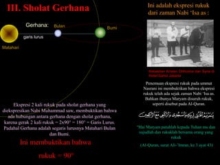III. Sholat GerhanaIII. Sholat Gerhana
Gerhana:
Matahari
Bulan Bumi
garis lurus
Ekspresi 2 kali rukuk pada sholat gerhana yang
diekspresikan Nabi Muhammad saw, membuktikan bahwa
ada hubungan antara gerhana dengan sholat gerhana,
karena gerak 2 kali rukuk = 2x90° = 180° = Garis Lurus.
Padahal Gerhana adalah segaris lurusnya Matahari Bulan
dan Bumi.
Ini membuktikan bahwaIni membuktikan bahwa
rukuk = 90°rukuk = 90°
Ini adalah ekspresi rukuk
dari zaman Nabi ‘Isa as :
Kebaktian Kristen Orthodox dari Syria di
Hotel Sahid Jakarta
Penemuan ekspresi rukuk pada ummat
Nasrani ini membuktikan bahwa ekspresi
rukuk telah ada sejak zaman Nabi ‘Isa as.
Bahkan ibunya Maryam disuruh rukuk,
seperti disebut pada Al-Quran.
“Hai Maryam patuhlah kepada Tuhan mu dan
sujudlah dan rukuklah bersama orang yang
rukuk
(Al-Quran, surat Ali-’Imran, ke 3 ayat 43)
 