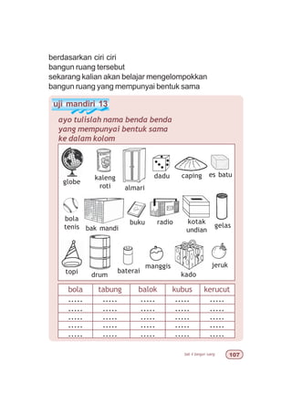bab 4 bangun ruang %
berdasarkan ciri ciri
bangun ruang tersebut
sekarang kalian akan belajar mengelompokkan
bangun ruang yang mempunyai bentuk sama
uji mandiri 13
ayo tulislah nama benda benda
yang mempunyai bentuk sama
ke dalam kolom
bola tabung balok kubus kerucut
globe
kaleng
roti almari
dadu es batucaping
bola
tenis bak mandi
radio gelas
kotak
undian
topi
buku
drum
baterai
manggis
kado
jeruk
..... ..... ..... ..... .....
..... ..... ..... ..... .....
..... ..... ..... ..... .....
..... ..... ..... ..... .....
..... ..... ..... ..... .....
 