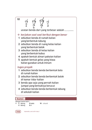 matematika untuk sd/mi kelas I
10
urutan benda dari yang terbesar adalah ..........
v kerjakan soal soal berikut dengan benar
1 sebutkan benda di rumah kalian
yang berbentuk tabung
2 sebutkan benda di ruang kelas kalian
yang berbentuk balok
3 sebutkan benda di kelas kalian
yang berbentuk kubus
4 apakah bentuk almari pakaian kalian
5 apakah bentuk gelas yang biasa
kalian gunakan untuk minum
tugas proyek
1 sebutkan benda benda berbentuk bola
di rumah kalian
2 sebutkan benda benda berbentuk balok
di kamar tidur kalian
3 benda apa saja yang pernah kalian
jumpai yang bentuknya kerucut
4 sebutkan benda benda berbentuk tabung
di sekolah kalian
c
d
b
a
kunci
ulangan harian bab 4
¯ 2 tabung 6 balok 10 c b a d
4 tabung 8 d
 