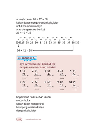matematika untuk sd/mi kelas I#
uji mandiri 5
1 13
24
––– +
....
6 25
11
––– +
....
ayo kerjakan soal berikut ini
dengan cara bersusun pendek
2 34
23
––– +
....
7 42
36
––– +
....
3 51
47
––– +
....
8 66
13
––– +
....
4 34
22
––– +
....
9 82
11
––– +
....
+1 +1 +1
26 27 28 29 30 31 32 33 34 35 36 37 38 39
+1 +1 +1 +1 +1 +1 +1 +1 +1
26 + 12 = 38
bagaimana hasil latihan kalian
mudah bukan
kalian dapat mengoreksi
hasil penjumlahan kalian
dengan kalkulator
apakah benar 26 + 12 = 38
kalian dapat menggunakan kalkulator
untuk membuktikannya
atau dengan cara berikut
26 + 12 = 38
5 23
54
––– +
....
10 45
44
––– +
....
 