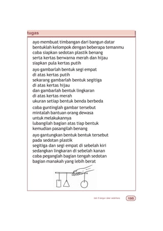 bab 8 bangun datar sederhana '#
tugas
ayo membuat timbangan dari bangun datar
bentuklah kelompok dengan beberapa temanmu
coba siapkan sedotan plastik benang
serta kertas berwarna merah dan hijau
siapkan pula kertas putih
ayo gambarlah bentuk segi empat
di atas kertas putih
sekarang gambarlah bentuk segitiga
di atas kertas hijau
dan gambarlah bentuk lingkaran
di atas kertas merah
ukuran setiap bentuk benda berbeda
coba guntinglah gambar tersebut
mintalah bantuan orang dewasa
untuk melakukannya
lubangilah bagian atas tiap bentuk
kemudian pasangilah benang
ayo gantungkan bentuk bentuk tersebut
pada sedotan plastik
segitiga dan segi empat di sebelah kiri
sedangkan lingkaran di sebelah kanan
coba peganglah bagian tengah sedotan
bagian manakah yang lebih berat
 